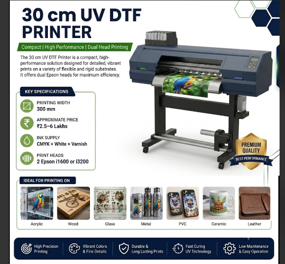 Assorted materials including acrylic sheets, wooden plaques, and metal plates printed with industrial UV ink